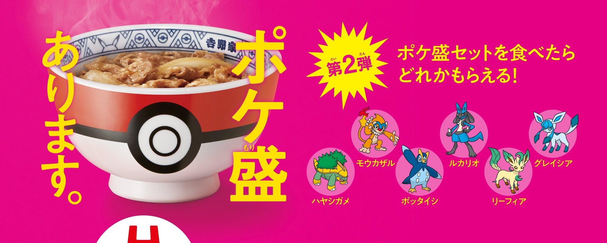 第2弾：ポケ盛セットを食べたらどれかもらえる！ハヤシガメ、モウカザル、ポッタイシ、ルカリオ、リーフィア、グレイシア。