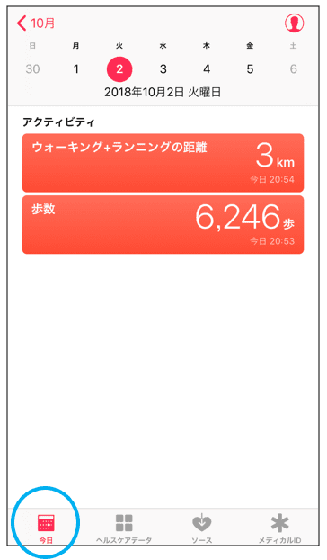 ヘルスケア下部の「今日」アイコンをタップ