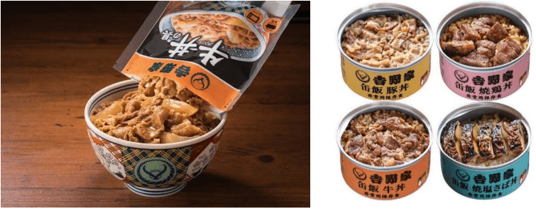 の主力商品「冷凍牛丼の具」と「缶飯牛丼」の画像