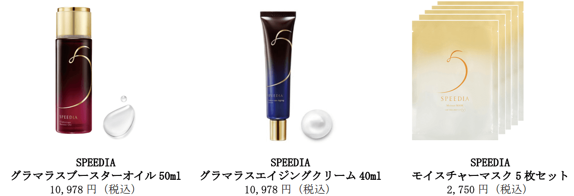 「SPEEDIA グラマラスブースターオイル 50ml」「SPEEDIA グラマラスエイジングクリーム 40ml」「SPEEDIA モイスチャーマスク 5 枚セット」の商品イメージ