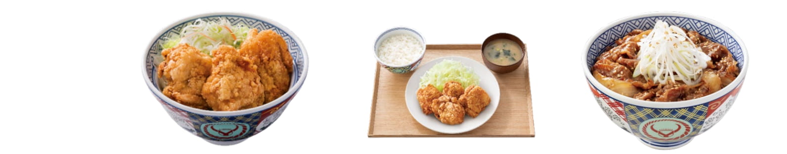 「から揚げ丼」「から揚げ定食」と「牛焼肉丼」の商品画像