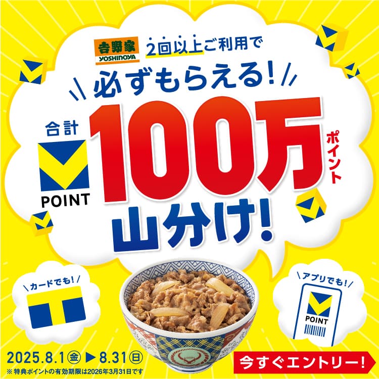 2回以上ご利用で必ずもらえる！Vポイント合計100万ポイント山分け！