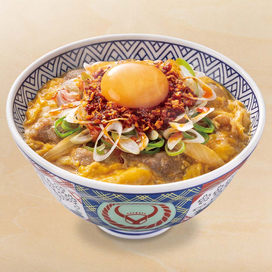 ねぎラー油月見牛とじ丼